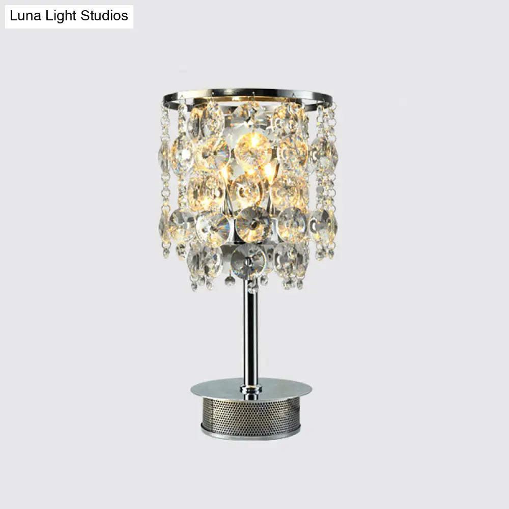 Modern Clear Crystal Tassel Desk Lamp With Metallic Base - 2 Bulbs Night Table Light