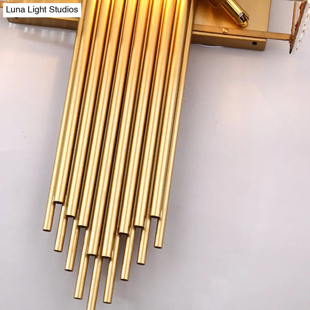 Modern Clear Crystal Wall Sconce With 2 Golden Lights For Bedside - 14.5/16.5 W Rectangular Lighting