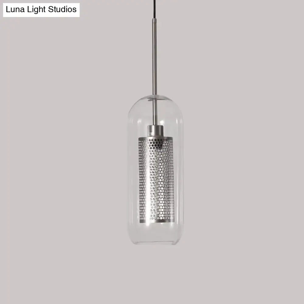 Modern Clear Glass Capsule Hanging Light With Mesh Screen For Balcony Ceiling - 1