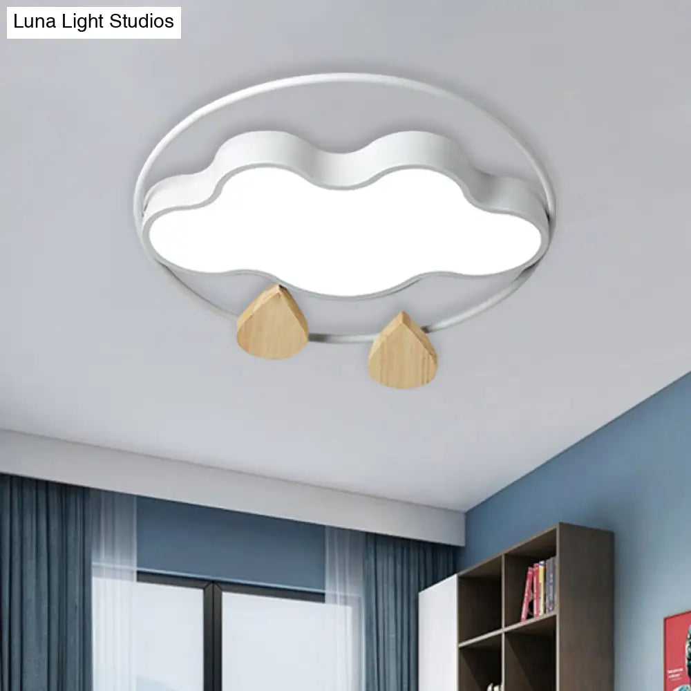 Modern Cloud Bedroom Ceiling Light With Acrylic Led Wood Raindrop Design (Grey/White/Green)
