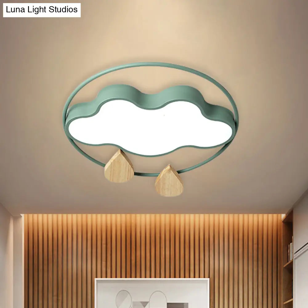 Modern Cloud Bedroom Ceiling Light With Acrylic Led Wood Raindrop Design (Grey/White/Green)