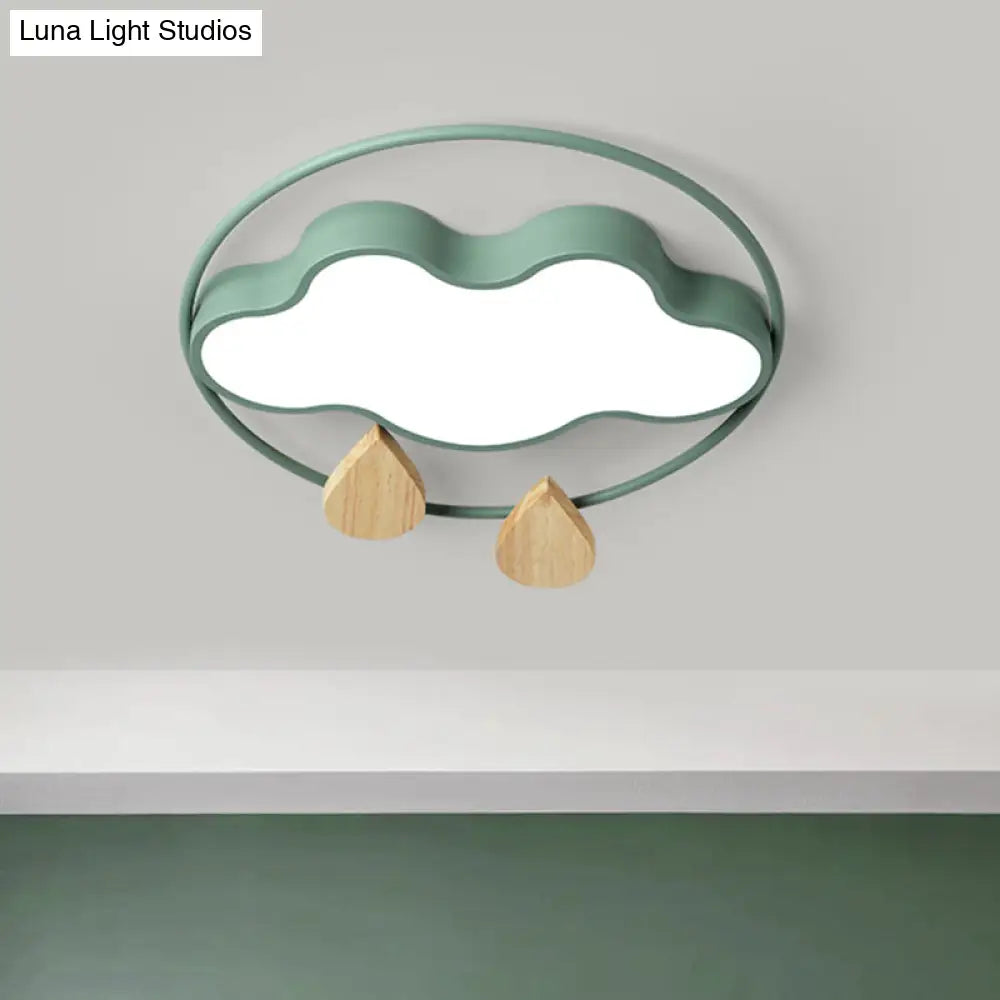 Modern Cloud Bedroom Ceiling Light With Acrylic Led Wood Raindrop Design (Grey/White/Green)