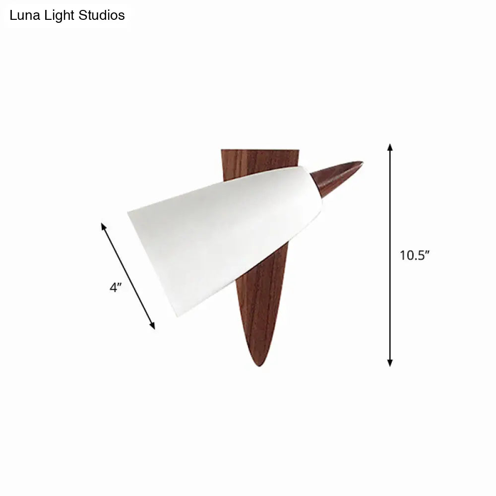 Modern Cone Metal Wall Light With Wood Backplate - White 1-Bulb Sconce Fixture
