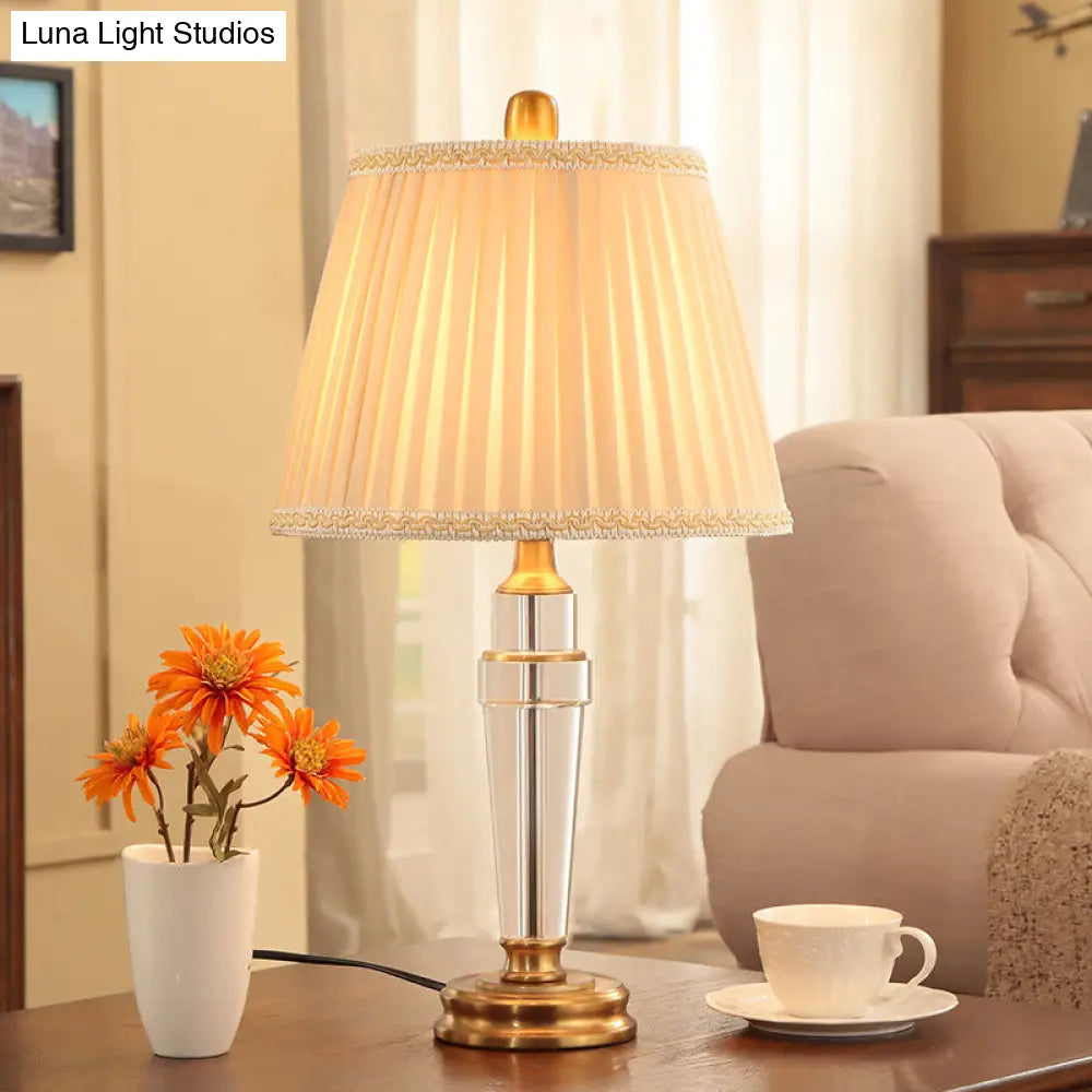 Modern Conical Crystal Desk Lamp - Beige Fabric Shade Metal Base