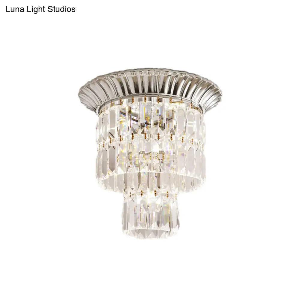 Modern Crystal Block Double Cylinder Shade Flush Ceiling Light - 5 Lights Chrome/Gold