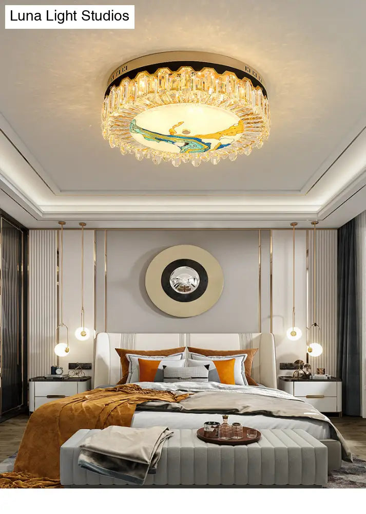 Modern Crystal Block Drum Flush Mount Led Ceiling Light For Bedroom In Brass Finish