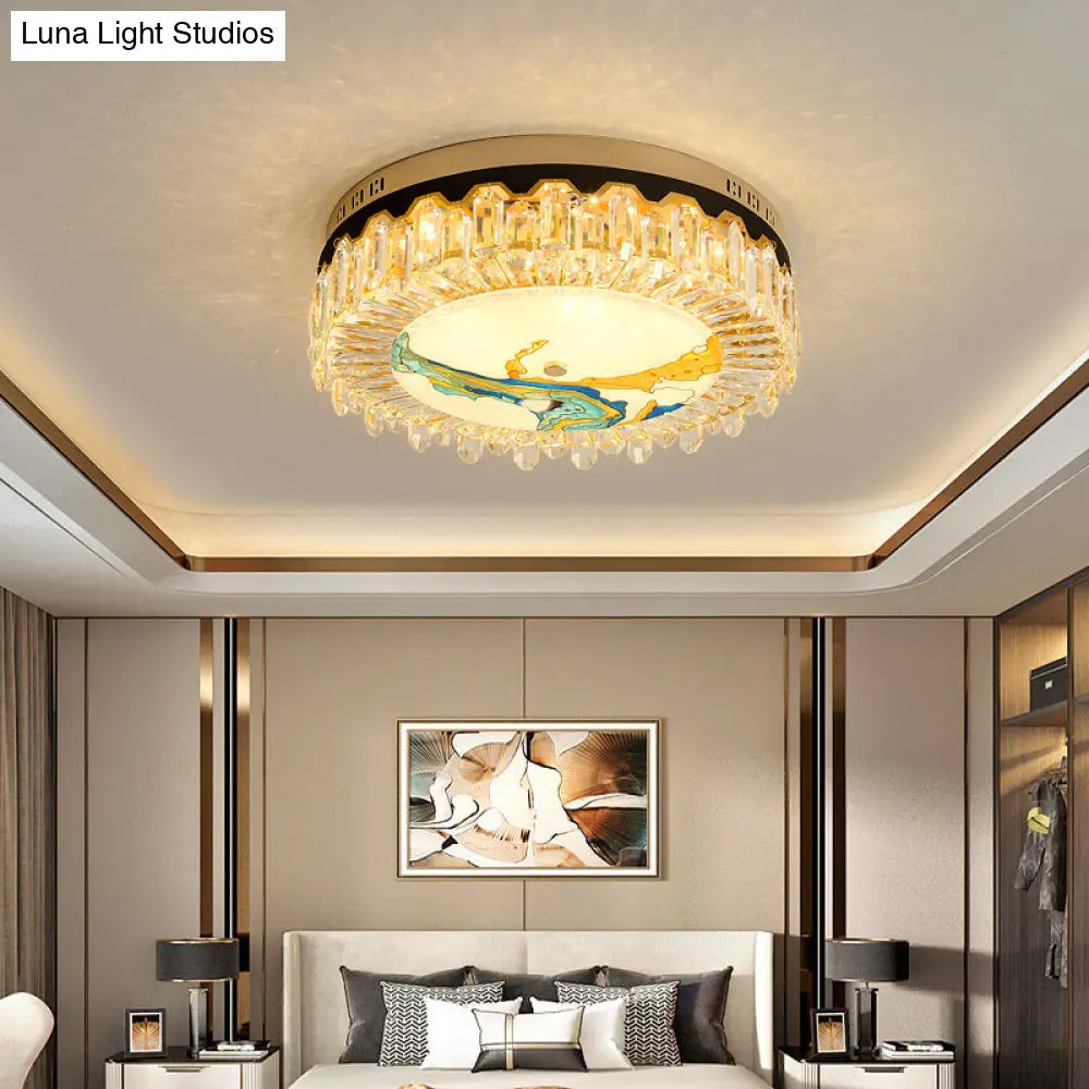 Modern Crystal Block Drum Flush Mount Led Ceiling Light For Bedroom In Brass Finish