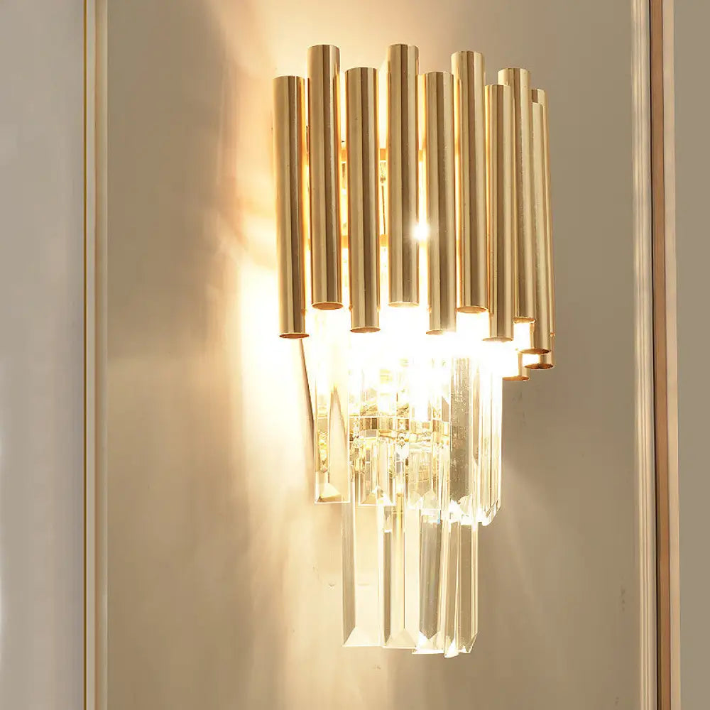 Modern Crystal Block Gold Sconce Light With 4 Tiered Wall-Mounted Heads For Bedroom