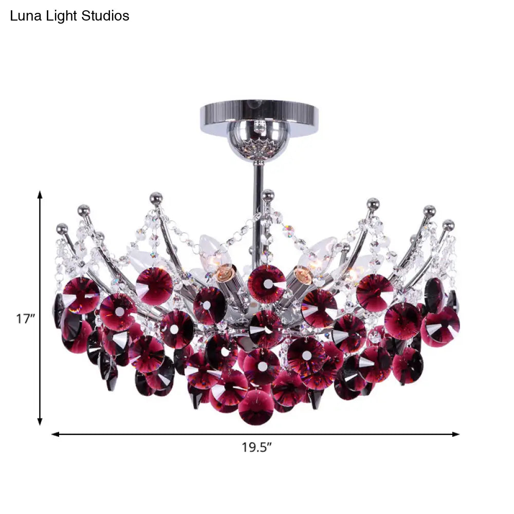 Modern Crystal Dome Semi Flush Light Fixture 5 Lights In Burgundy/Smoke Gray/Amber 16’ & 19.5’