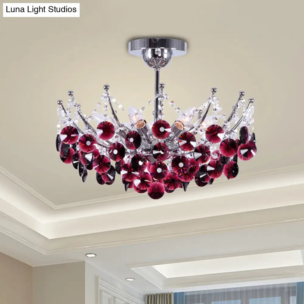 Modern Crystal Dome Semi Flush Light Fixture 5 Lights In Burgundy/Smoke Gray/Amber 16’ & 19.5’