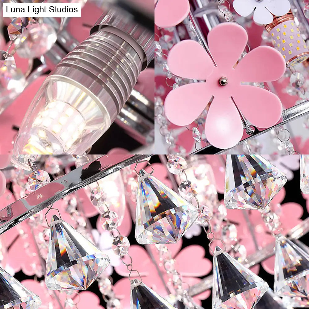 Modern Crystal Drop Led Drum Ceiling Light Fixture With Pink Flower Decoration 18’/21.5’ Wide