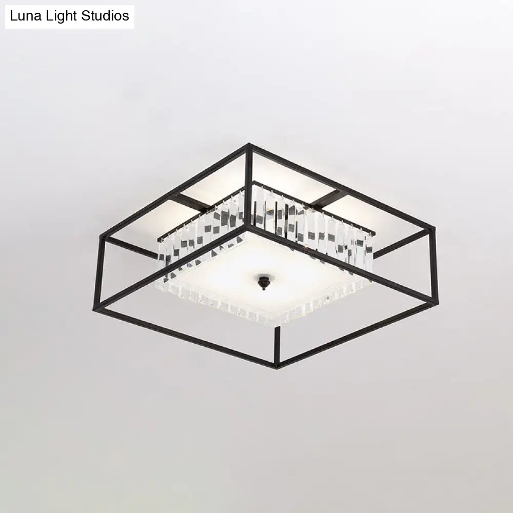 Modern Crystal Flush Light Fixture With Black Metal Frame - 5 - Head Living Room Mount Lamp