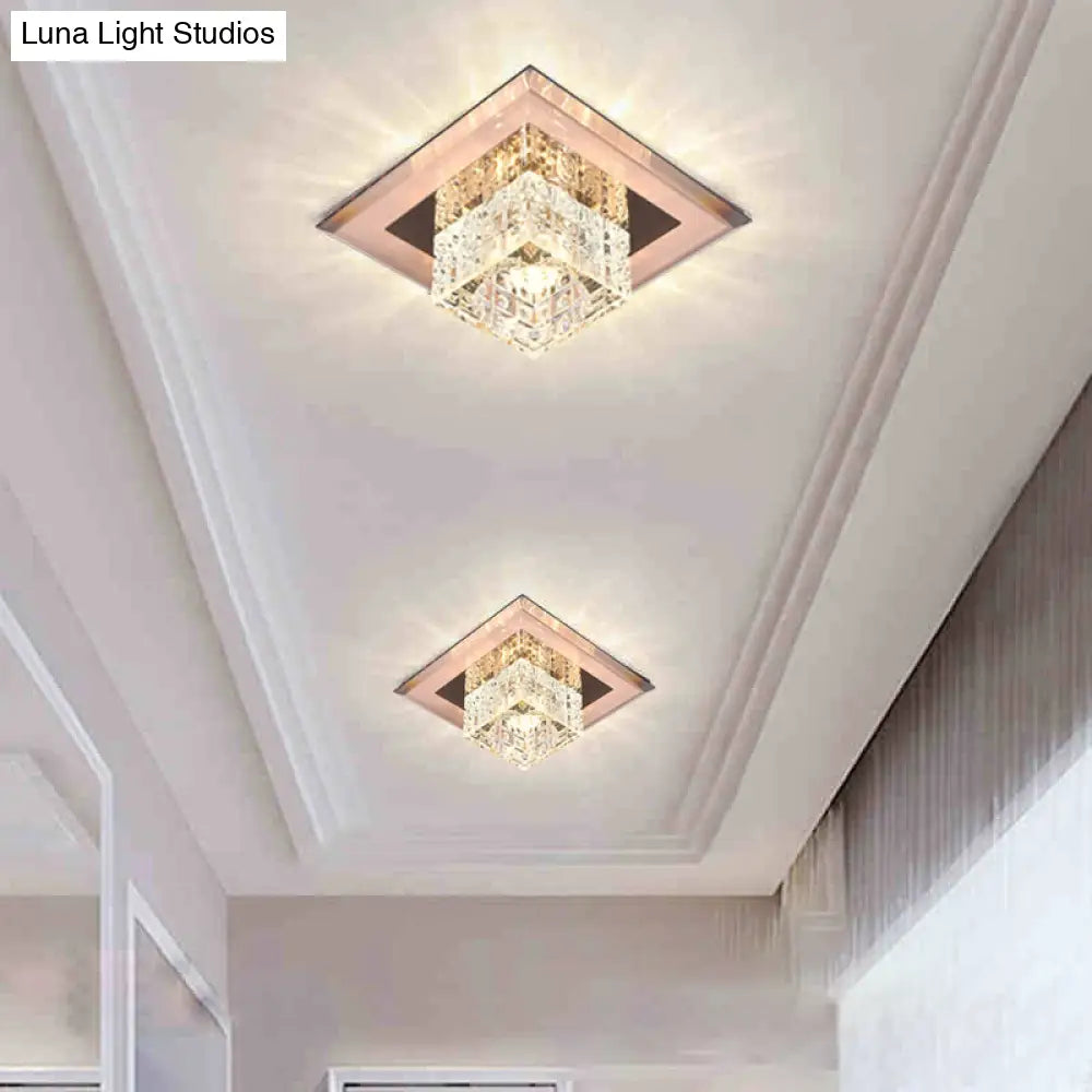 Modern Crystal Led Ceiling Light With Square Shade For Corridors