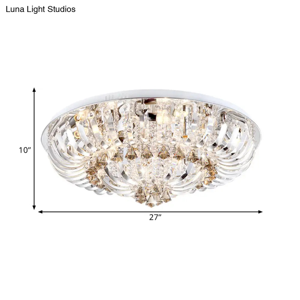 Modern Crystal Led Flush Mount Lamp With Clear Stands And Draping Bowl - White/Warm Light