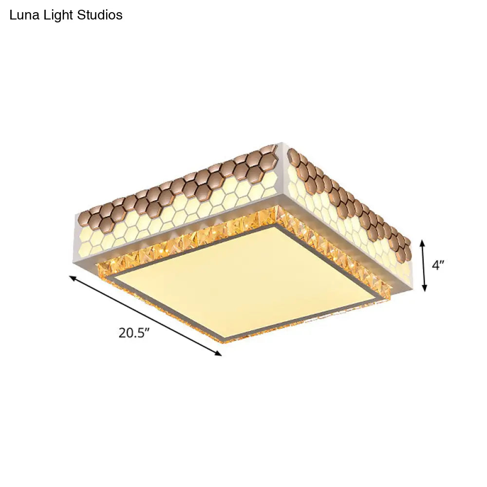 Modern Crystal Led Square Box Ceiling Lamp - White Flush Mount With Honeycomb Side