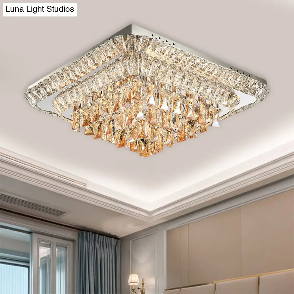 Modern Crystal Led Square Flush - Mount Light In Chrome - Close To Ceiling Lighting Fixture