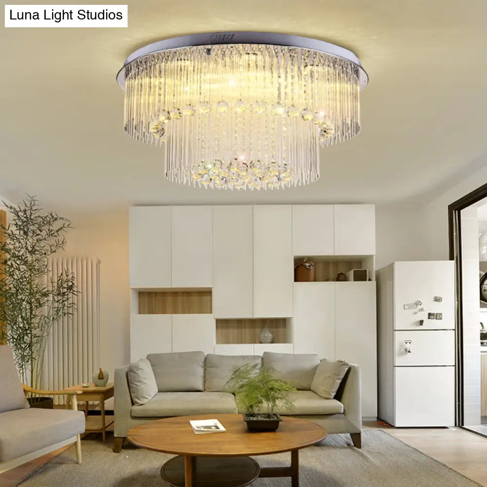 Modern Crystal Rod Ceiling Lamp - 2 Tiers Nickel Led Flush Light Fixture For Living Room
