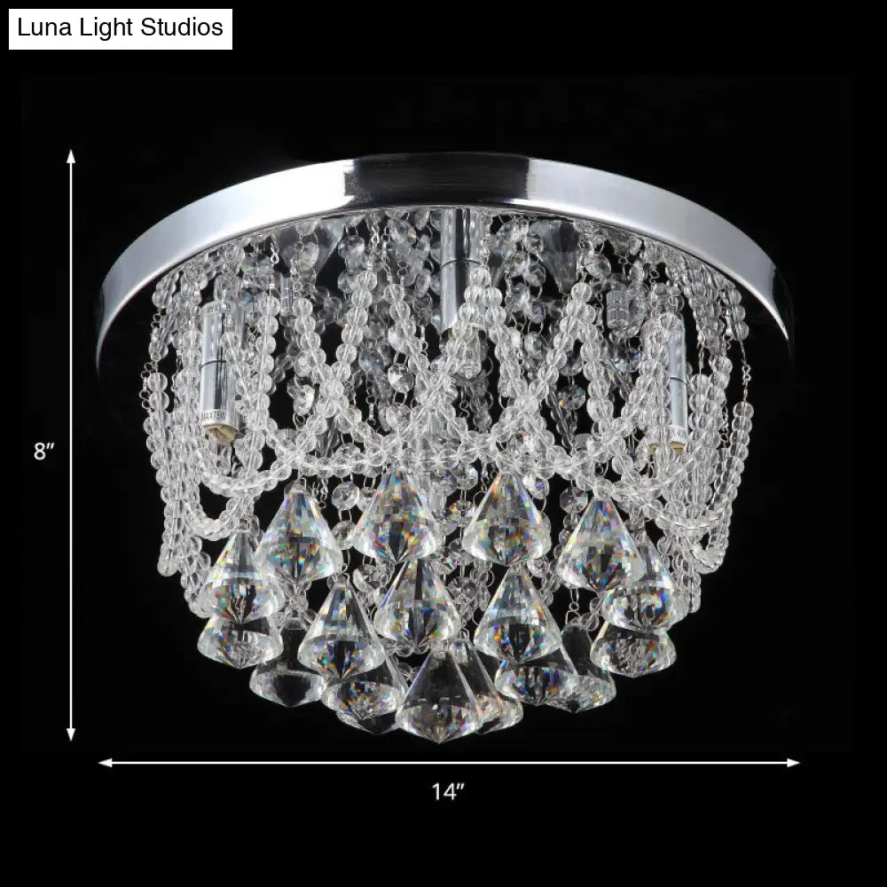 Modern Crystal Strand Ceiling Lamp - Dome Flush 3 Lights 14’/18’ Wide Chrome; Ideal For Bedroom