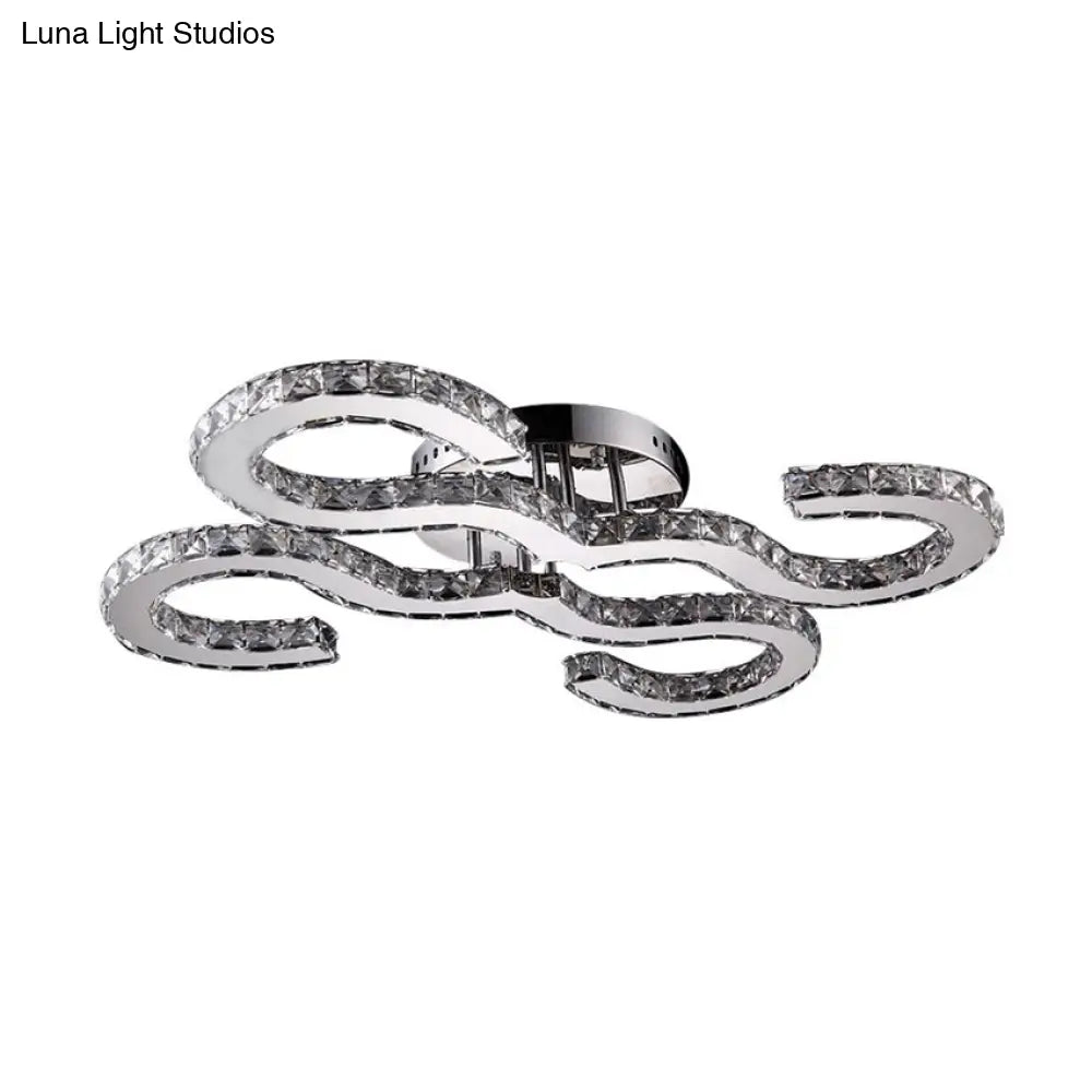 Modern Curved Ceiling Crystal And Metal Sconce Light In Chrome For Bedroom - Warm/White/3 Color