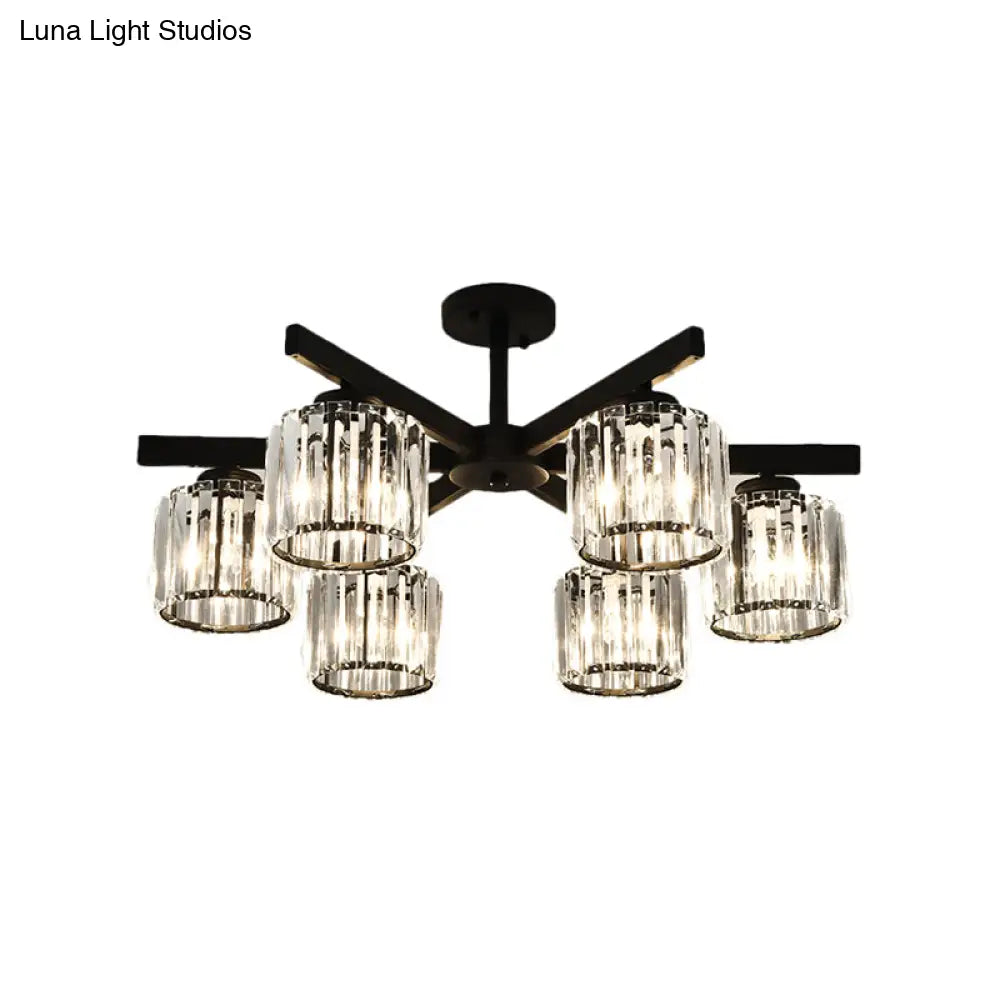 Modern Cylindrical Crystal Semi Flush Ceiling Light With 3/6/8-Head Design - Black Ideal For Living