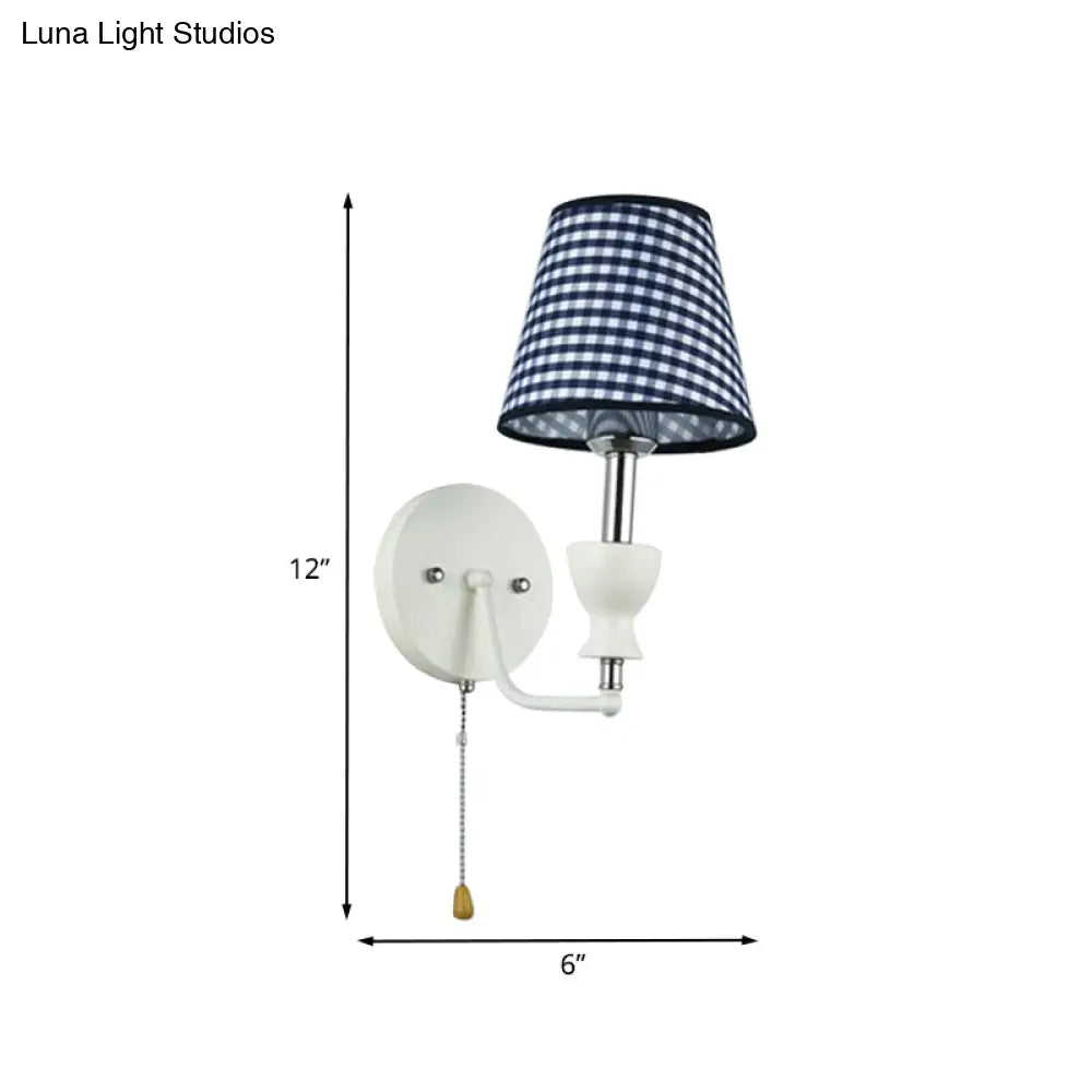Modern Dark Blue 1-Head Barrel Wall Lamp With Pull Chain - Perfect For Bedrooms