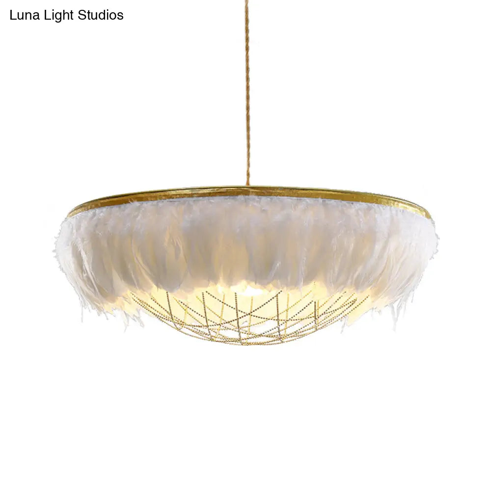 Modern Dome Cage Metallic Chandelier: Gold 2-Bulb Ceiling Lamp With Feather Deco - White Grey Pink