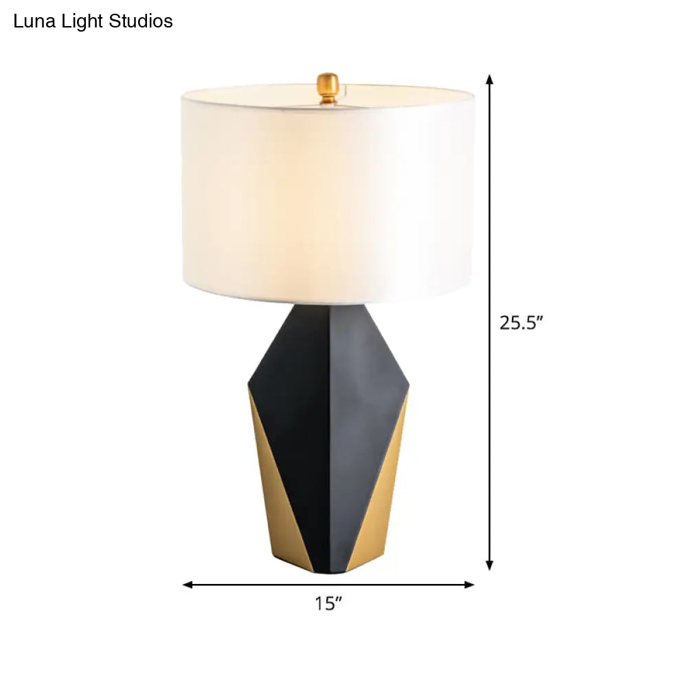 Modern Drum Fabric Table Light With Geometric Black Metal Base - White Reading Lamp
