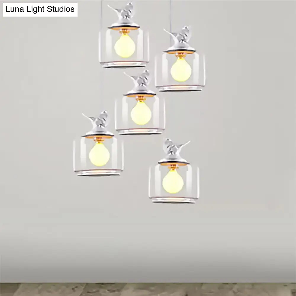 Modern Drum Hanging Lamp With Clear Glass And Bird Deco - Sleek White Ceiling Light For Living Room