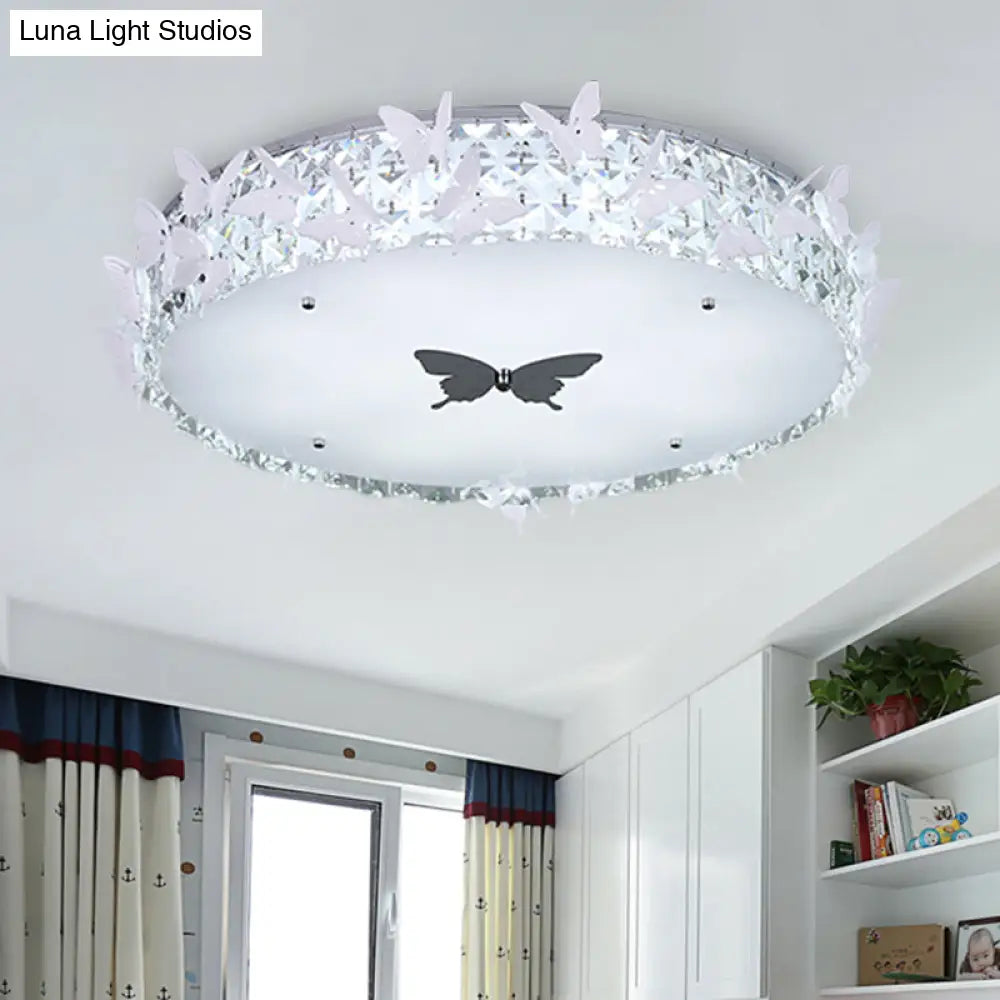 Modern Drum Led Flushmount Lighting With Clear/Amber/Lake Blue Crystal Bedroom Ceiling Fixture -