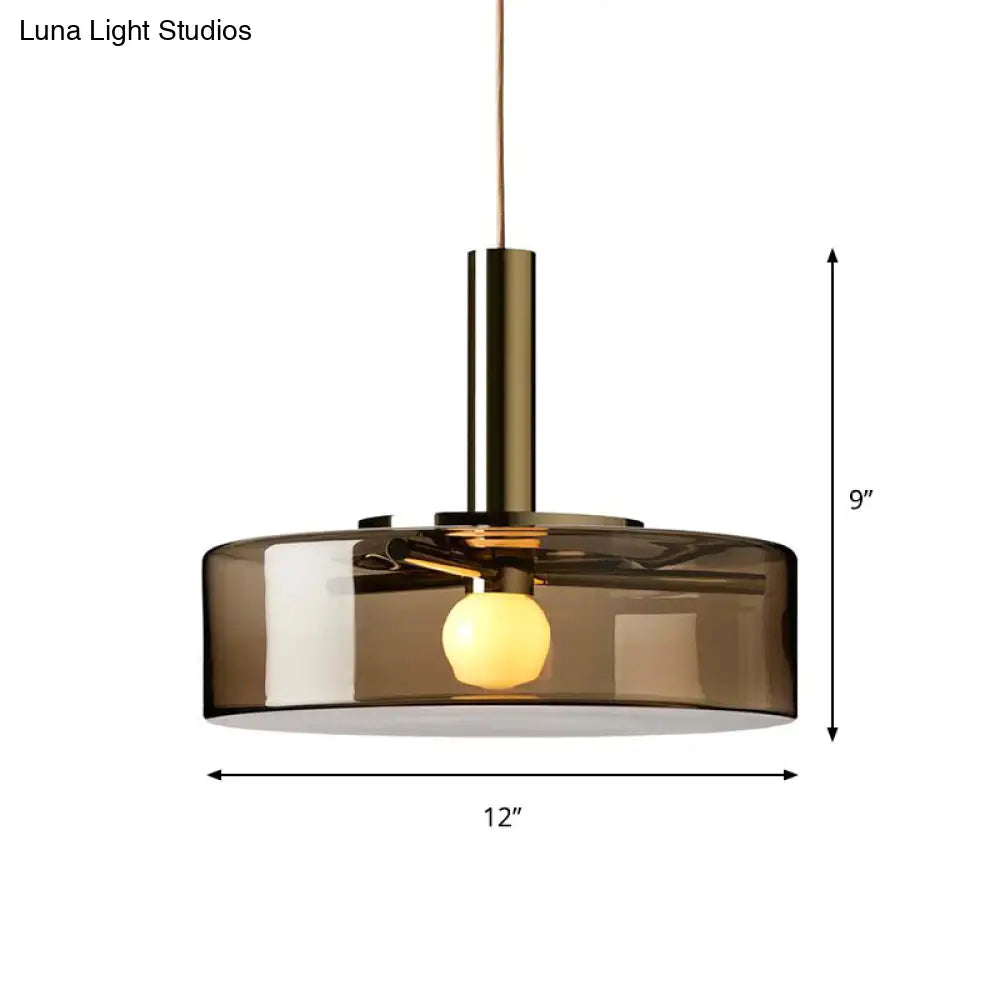 Modern Drum Pendant Lamp In Smoke Gray Glass - 1-Bulb Hanging Light For Living Room Down Lighting