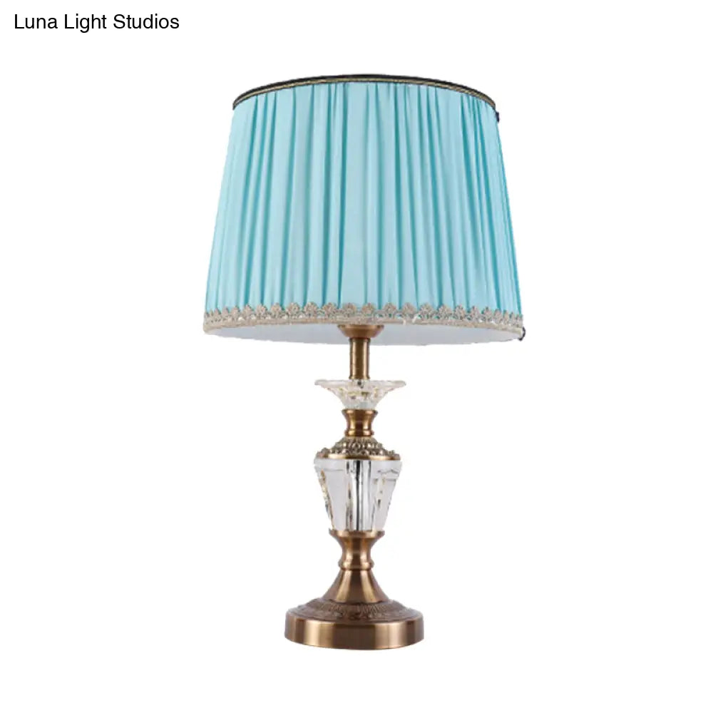 Modern Drum Shade Crystal Reading Light Nightstand Lamp In Blue/Beige