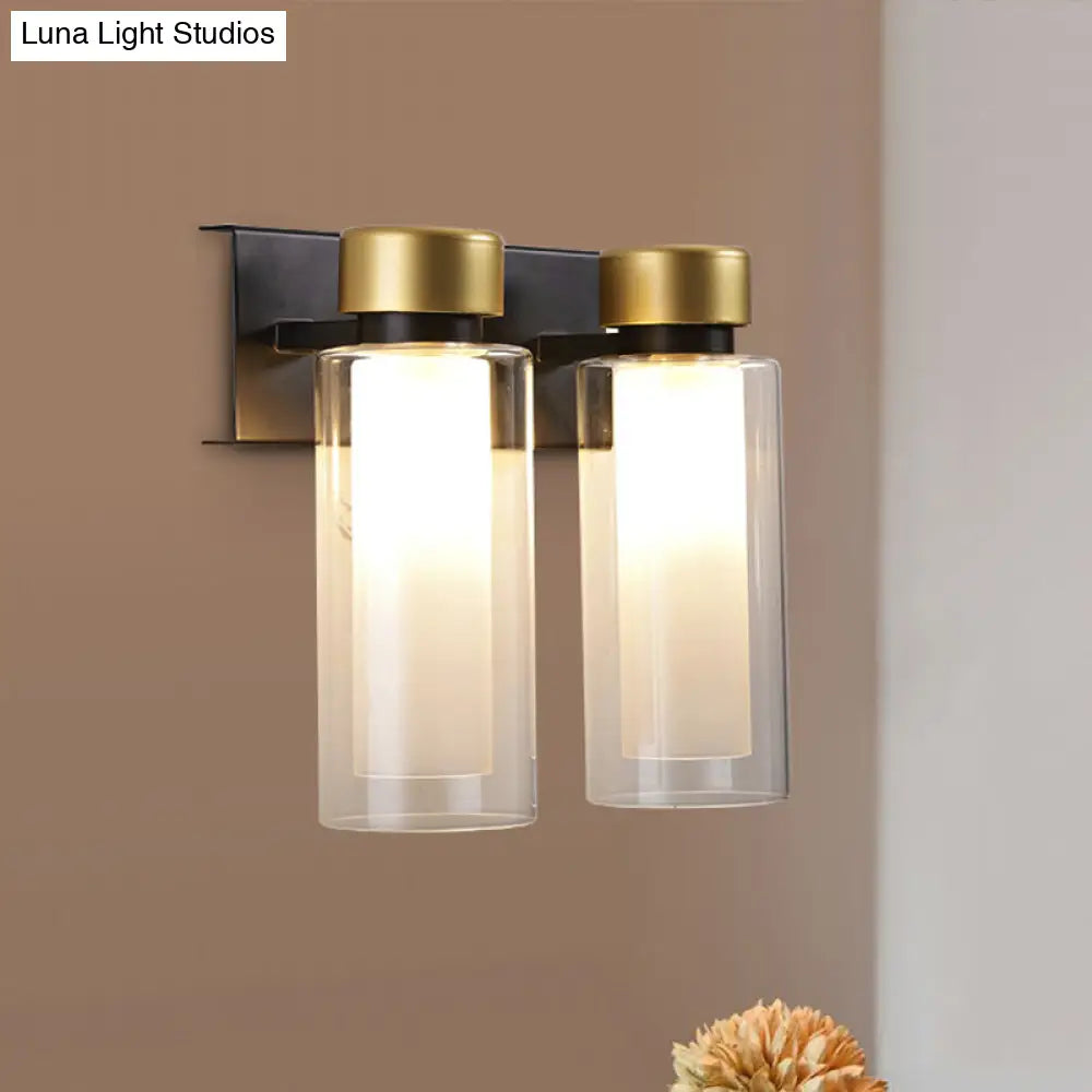 Modern Dual Cylinder Brass Sconce Light Fixture With Clear Glass - 2 Bulbs Led Wall Mount Lamp