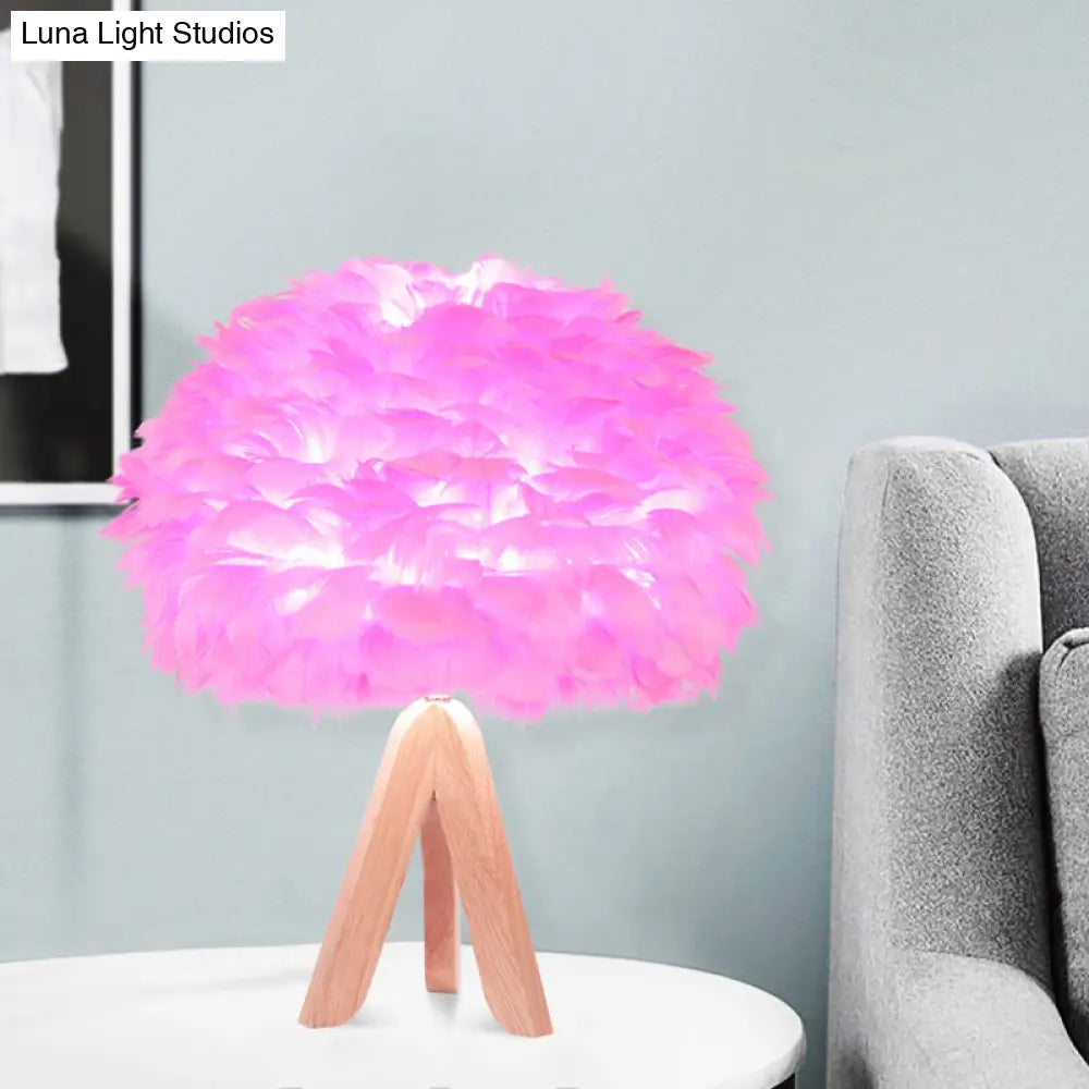 Modern Fabric Feather Desk Lamp: Pink Table Light With Wood Tripod Base