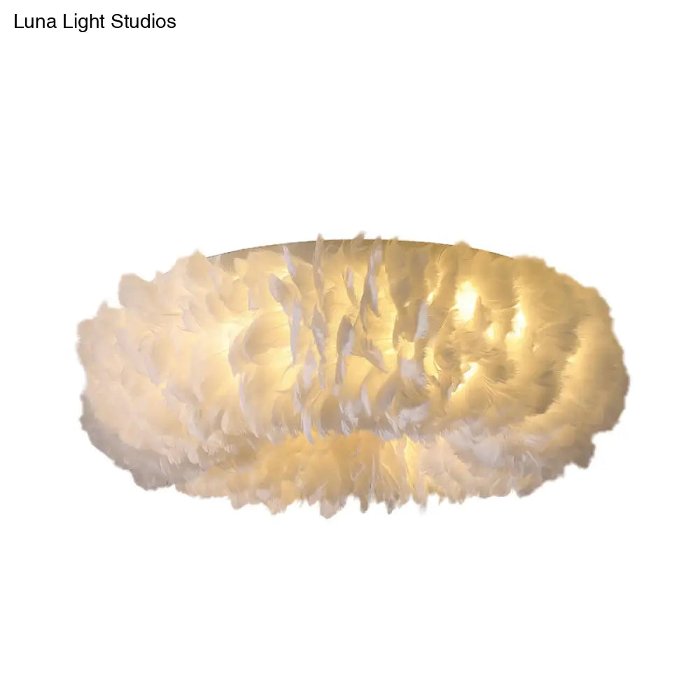 Modern Feather Flushmount Ceiling Light With 3/6 Fabric Heads In White/Grey/Pink For Bedroom