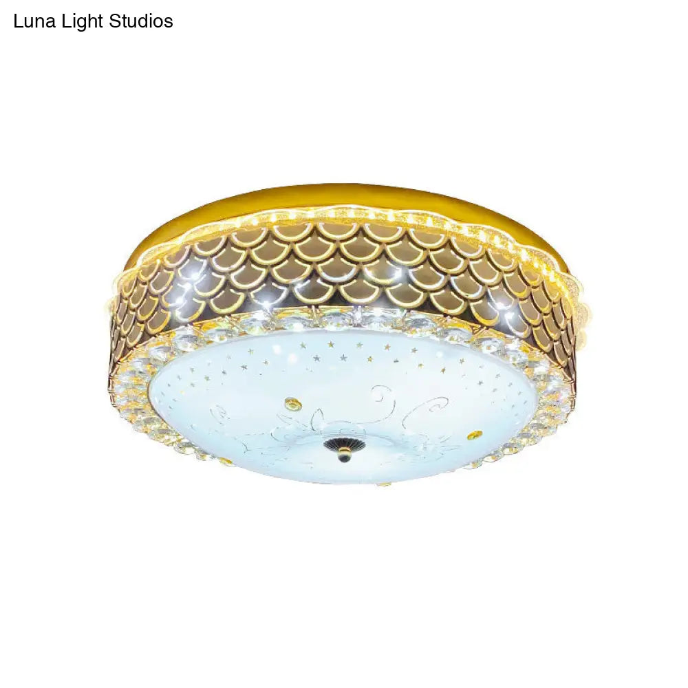 Modern Fishscale/Net Design Gold Drum Led Flushmount With Crystal Accents For Bedroom Ceiling