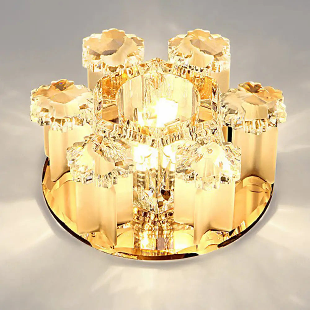 Modern Floral Ceiling Flush Light With Crystal Block - Led Hallway Flush - Mount Fixture Tan