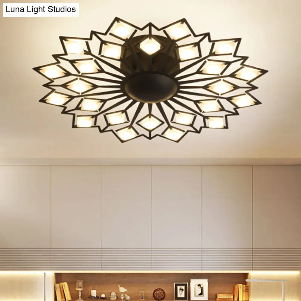 Modern Floral Led Flush Mount Ceiling Lamp In Black And White Metal For Bedroom