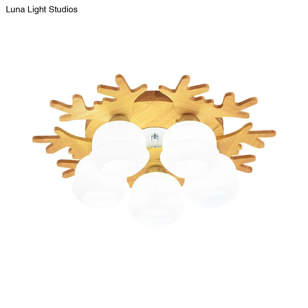 Modern Flush Ceiling Lamp With Wood Antler Design - White Glass Jar Fixture 5/7 Bulbs Beige Mount
