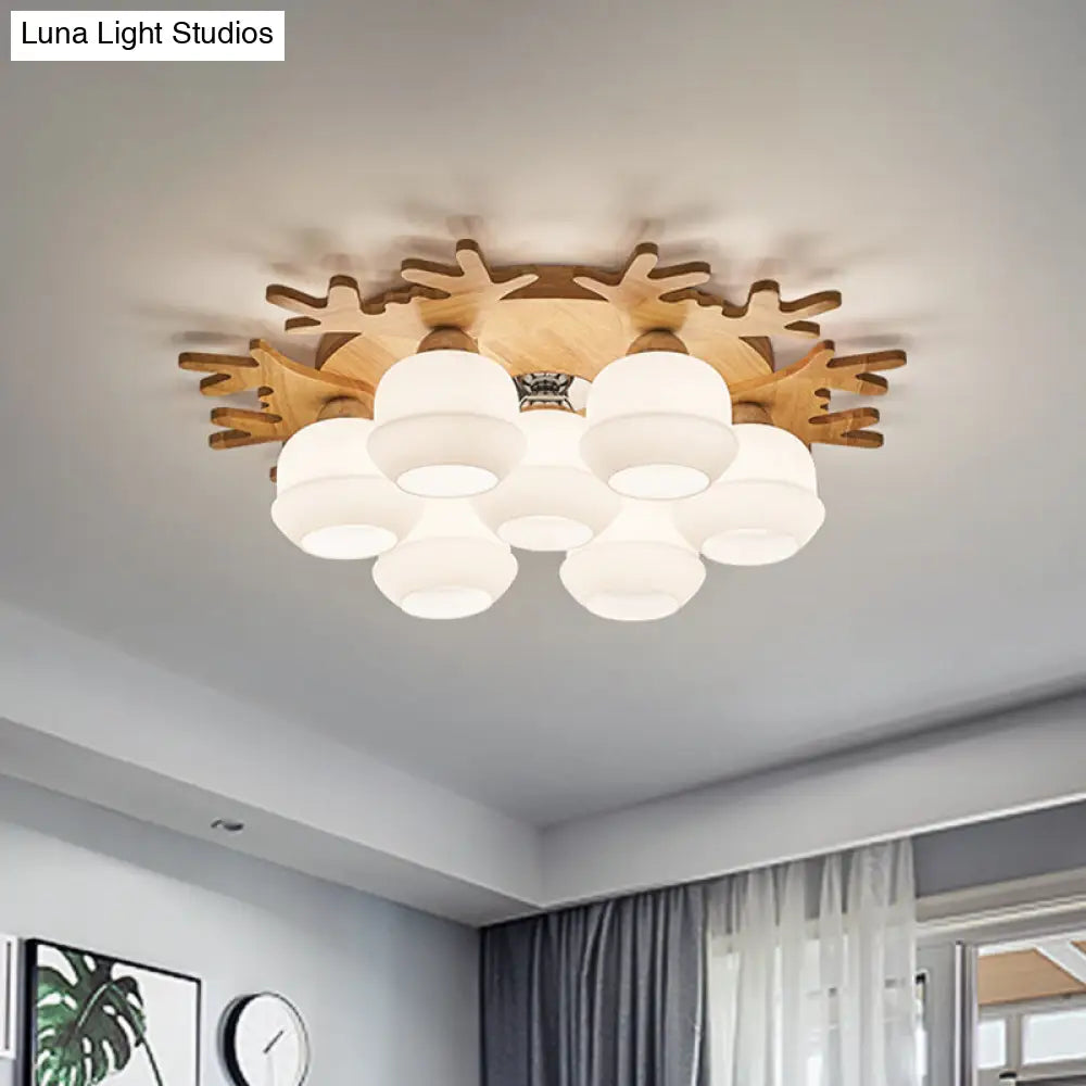 Modern Flush Ceiling Lamp With Wood Antler Design - White Glass Jar Fixture 5/7 Bulbs Beige Mount