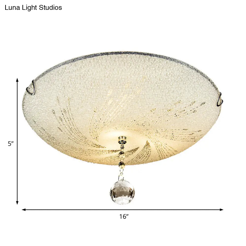 Modern Flush Mount Light With Frosted Glass And Crystal Drop - 3 Lights White Ceiling Fixture