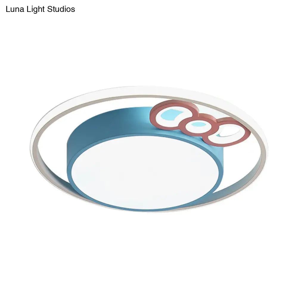 Modern Flush Mount Pendant Light With Blue/Pink Led Glow For Bedroom - Acrylic Drum Design