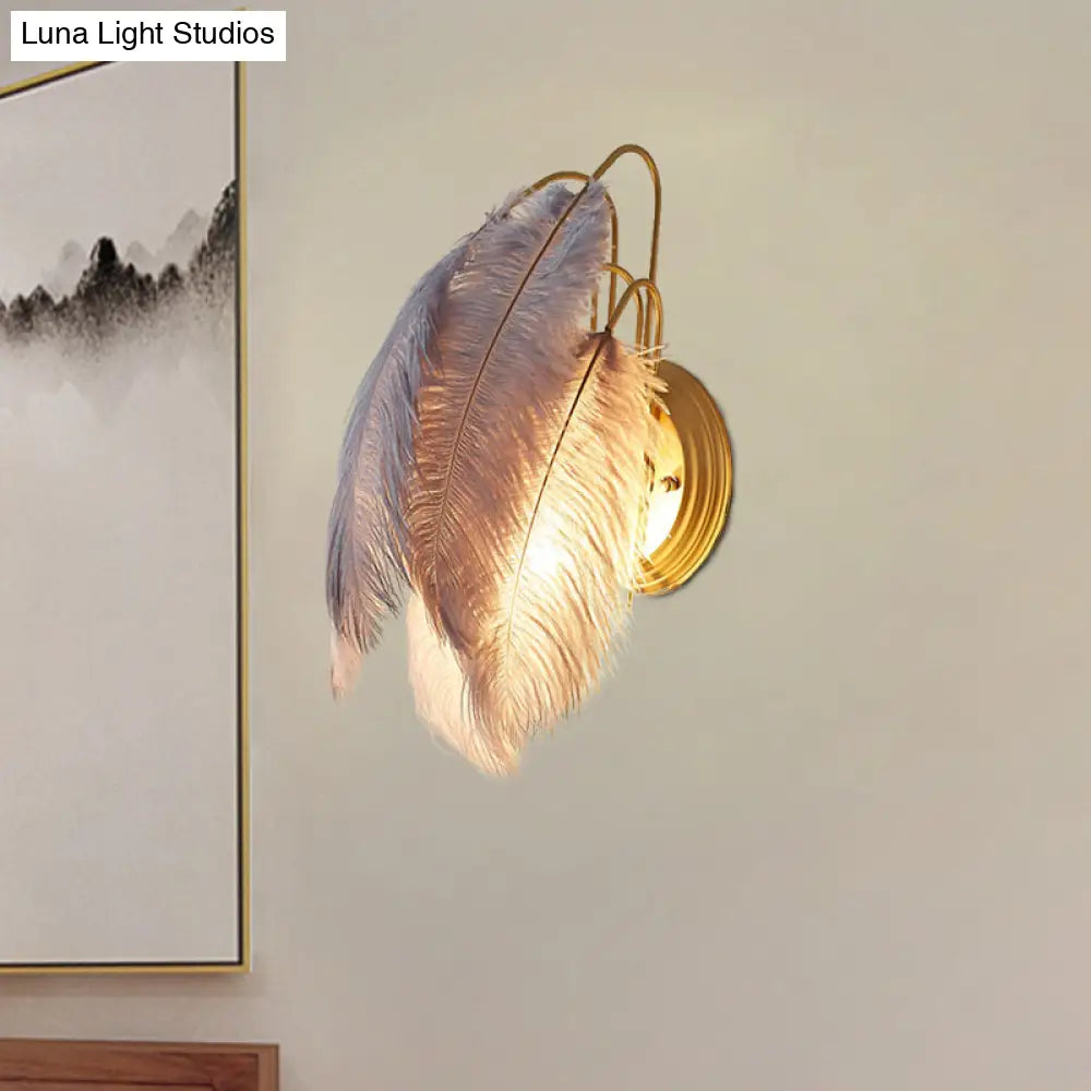 Modern Furry Goose Feather Wall Lamp - Sleek Single-Bulb Sconce Light For Living Room (Grey/White)