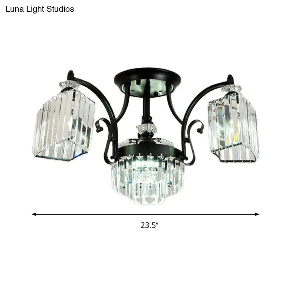 Modern Geometric Ceiling Mounted Fixture With Crystal Rods And 3 Black Flush Lights In White