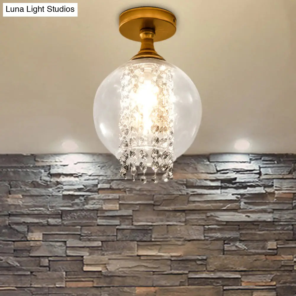 Modern Glass And Metal Semi Flush Light With Crystal Bead Accent - Brass Finish