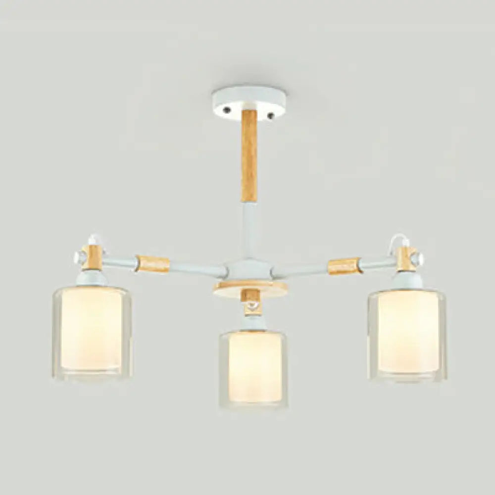 Modern Glass And Wood Cylinder Pendant Light Fixture With 3 Bulbs - Stylish Hanging Ceiling Lamp For