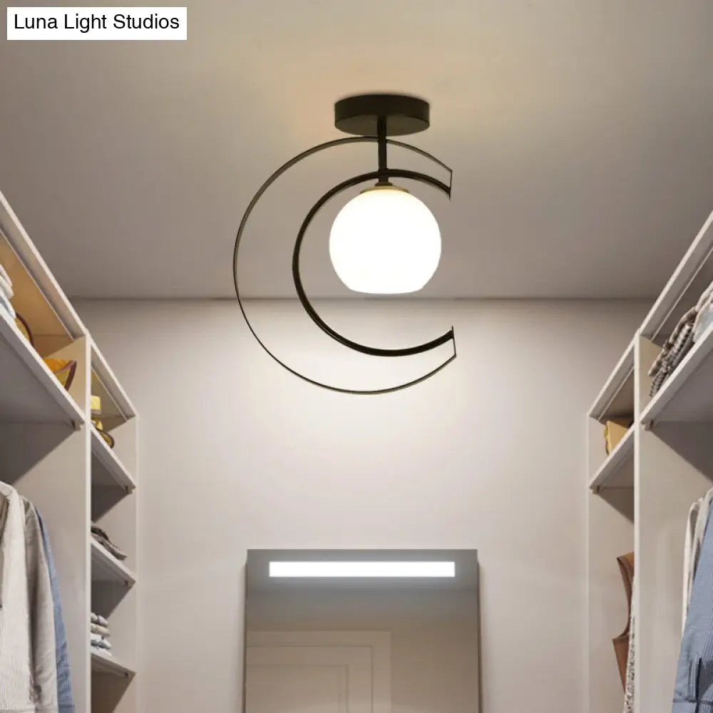 Modern Globe Semi Flush Mount Ceiling Lamp - White Glass 1 - Light Black With Moon Iron Frame