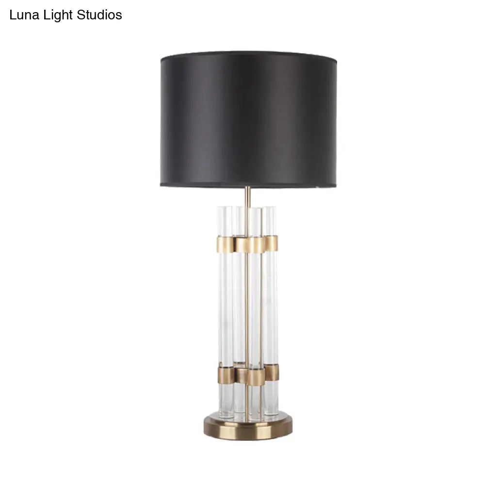 Modern Gold Barrel Fabric Desk Light | 1 Head Night Table Lamp With Clear Crystal Base