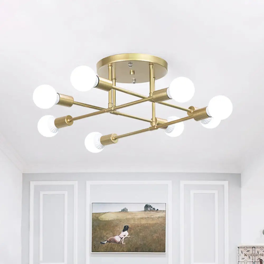 Modern Gold Crossed Lines Semi Flush Light Fixture With 6/8 Heads - Ceiling Mounted For Living Room