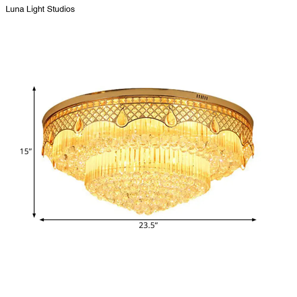 Modern Gold Finish Flush Mount Ceiling Light With 6 Tapered Bulbs And Crystal Balls