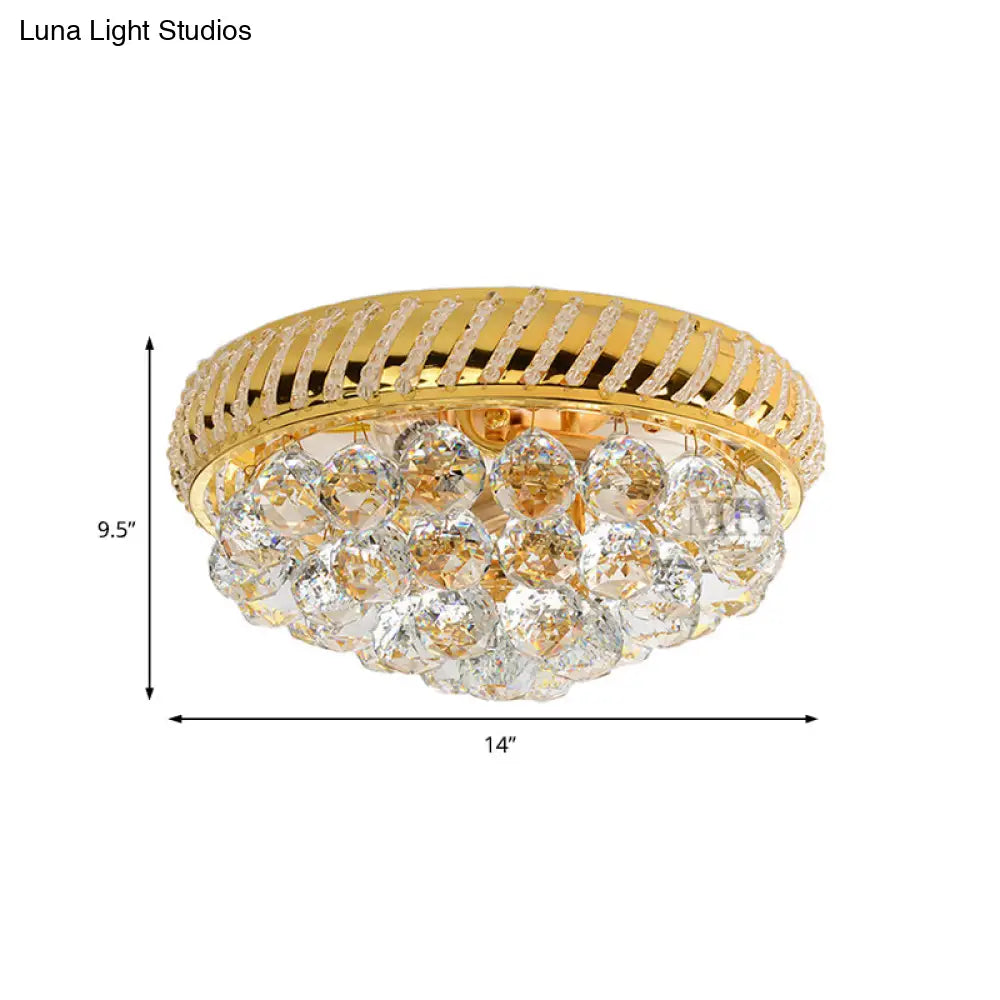Modern Gold Flush Mount Chandelier With Crystal Ball & Round Shade - 14’/18’ W 3/4/5 Heads